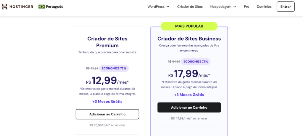 criador sites Hostinger brasil